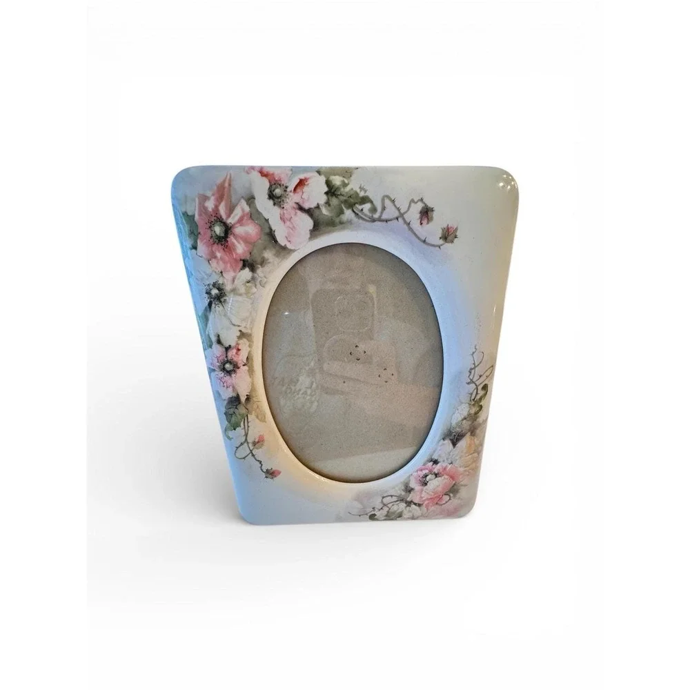 Vintage‎ Floral Porcelain Photo Frame Oval 5x7 Hand Painted Roses Gift